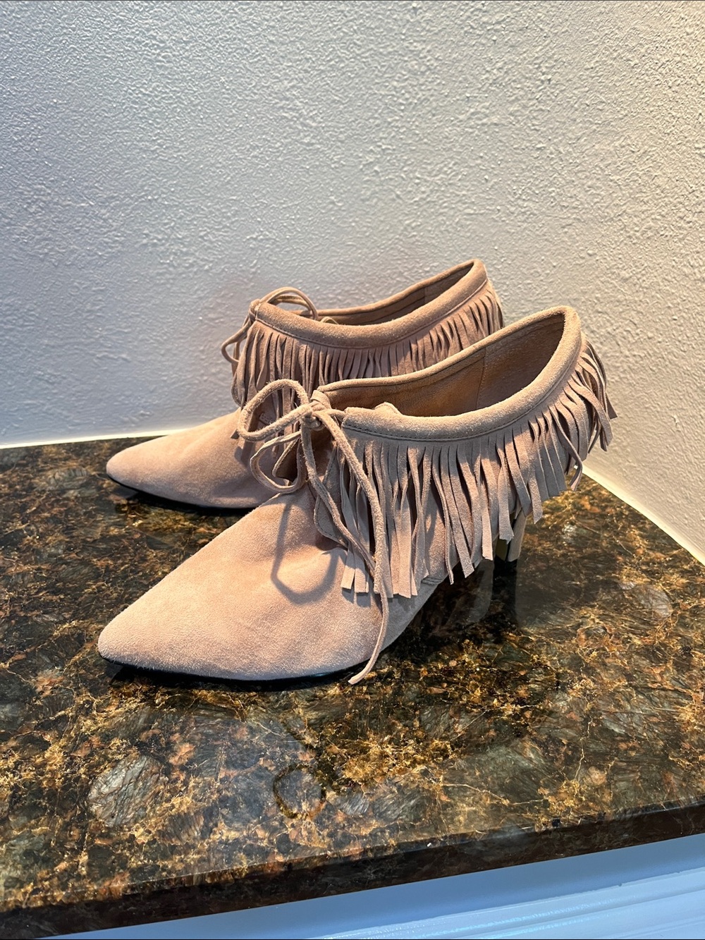 Bella Vita Suede Fringe Lace-Up Pointed Heels - Light Blush